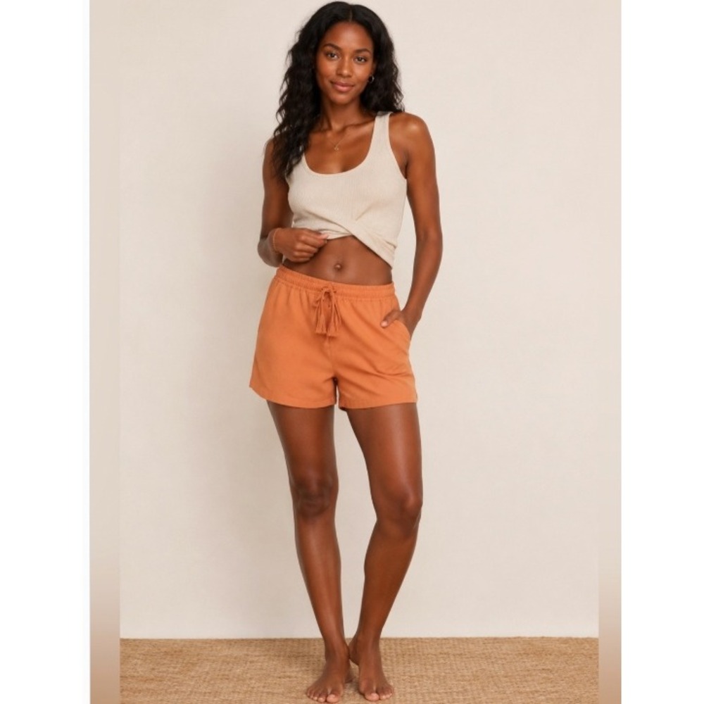 Andie Swim Linen Shorts in Coral Tassel Pockets Size Medium Beach Poolside